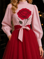 Vintage Rose Print Mesh Spliced Midi Dress
