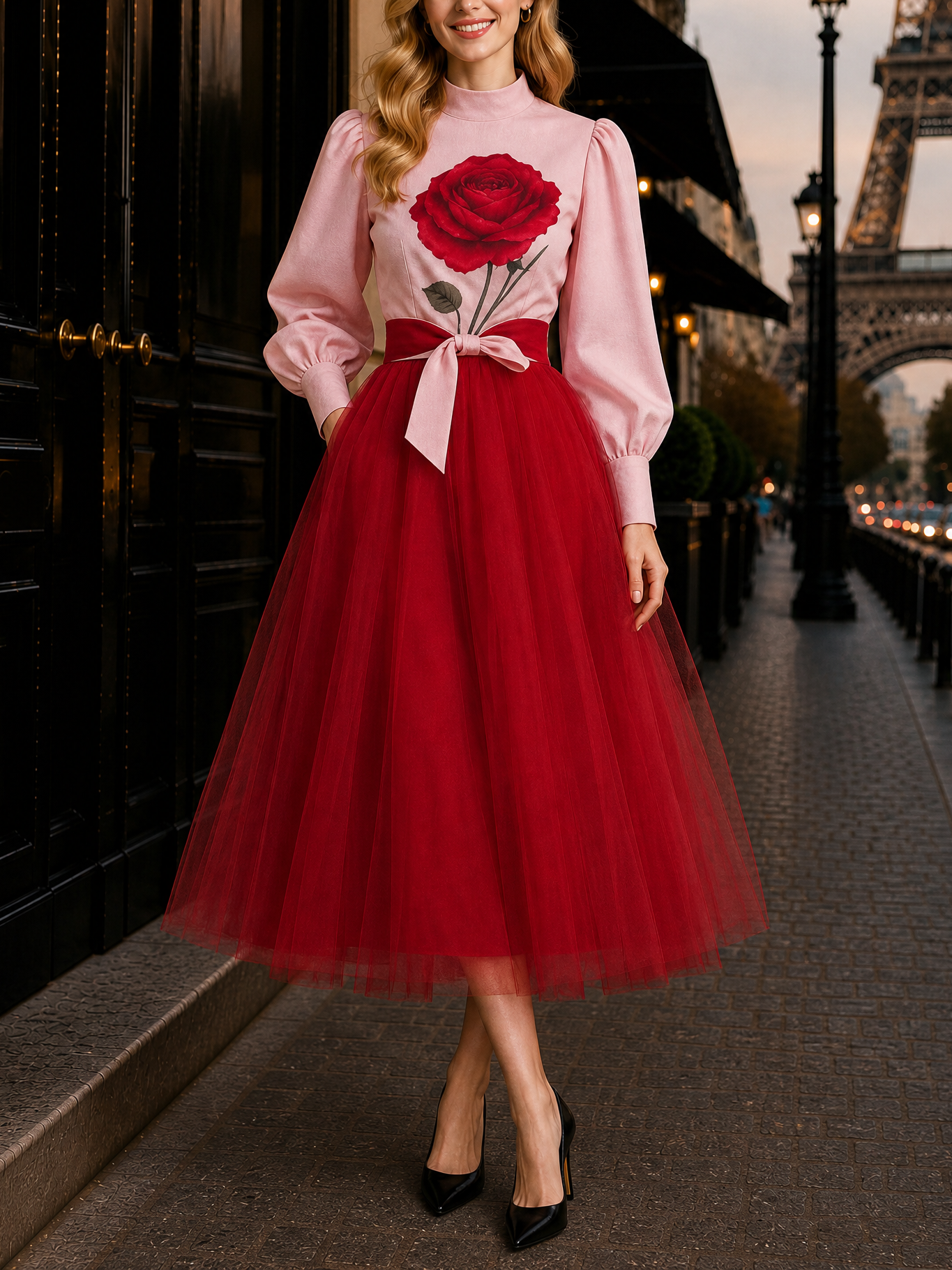 Vintage Rose Print Mesh Spliced Midi Dress