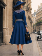 Vintage Navy Sailor-Collar Striped-Trim A-Line Midi Dress
