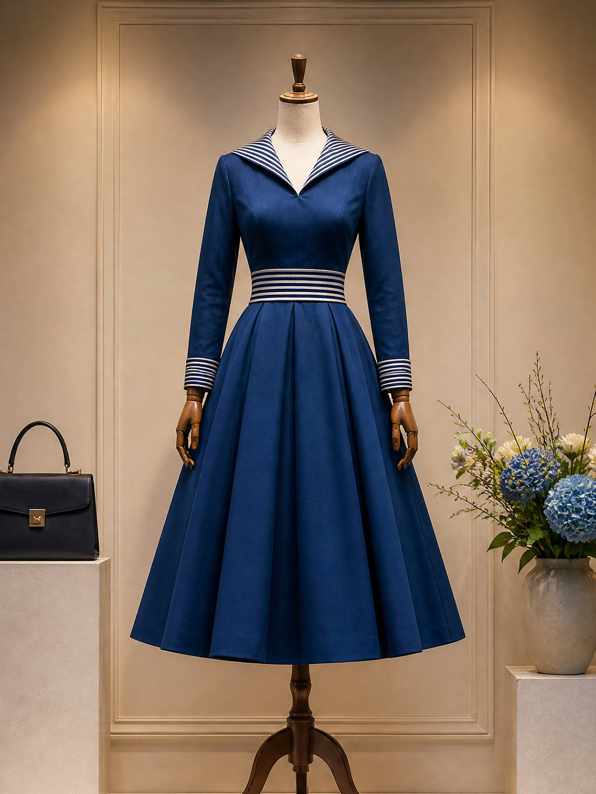 Vintage Navy Sailor-Collar Striped-Trim A-Line Midi Dress