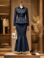 Vintage Denim Peplum Jacket & Fishtail Skirt Set