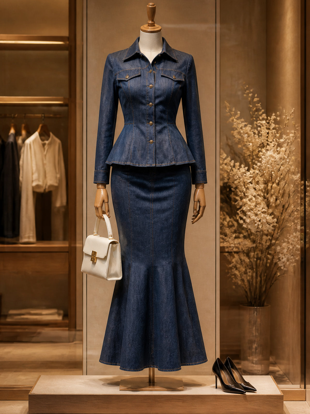 Vintage Denim Peplum Jacket & Fishtail Skirt Set