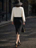 Vintage Ivory Contrast-Trim Jacket & Black Bodycon Dress Set