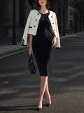 Vintage Ivory Contrast-Trim Jacket & Black Bodycon Dress Set