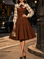 Vintage Brown Plaid Bow-Tie Tiered A-Line Dress