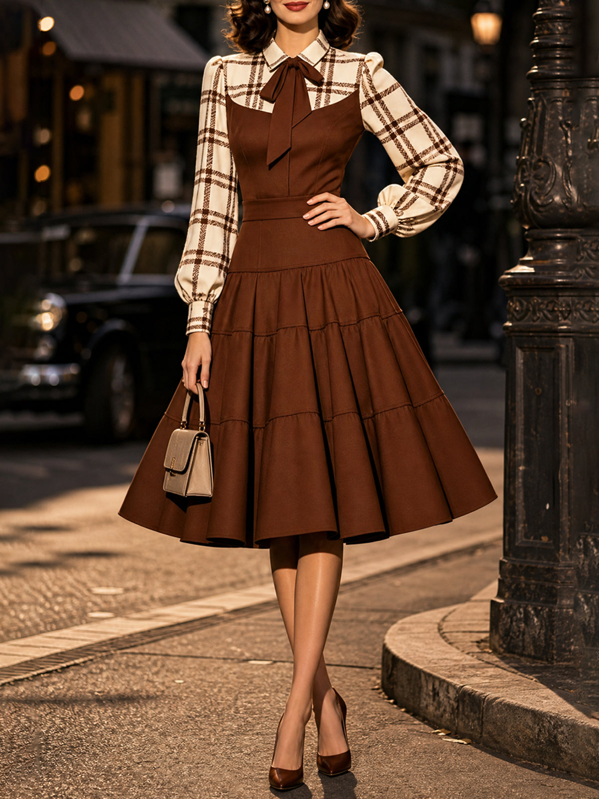Vintage Brown Plaid Bow-Tie Tiered A-Line Dress