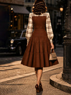 Vintage Brown Plaid Bow-Tie Tiered A-Line Dress
