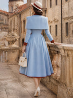 Vintage Blue Red-Trim Caped Button-Front Midi Dress