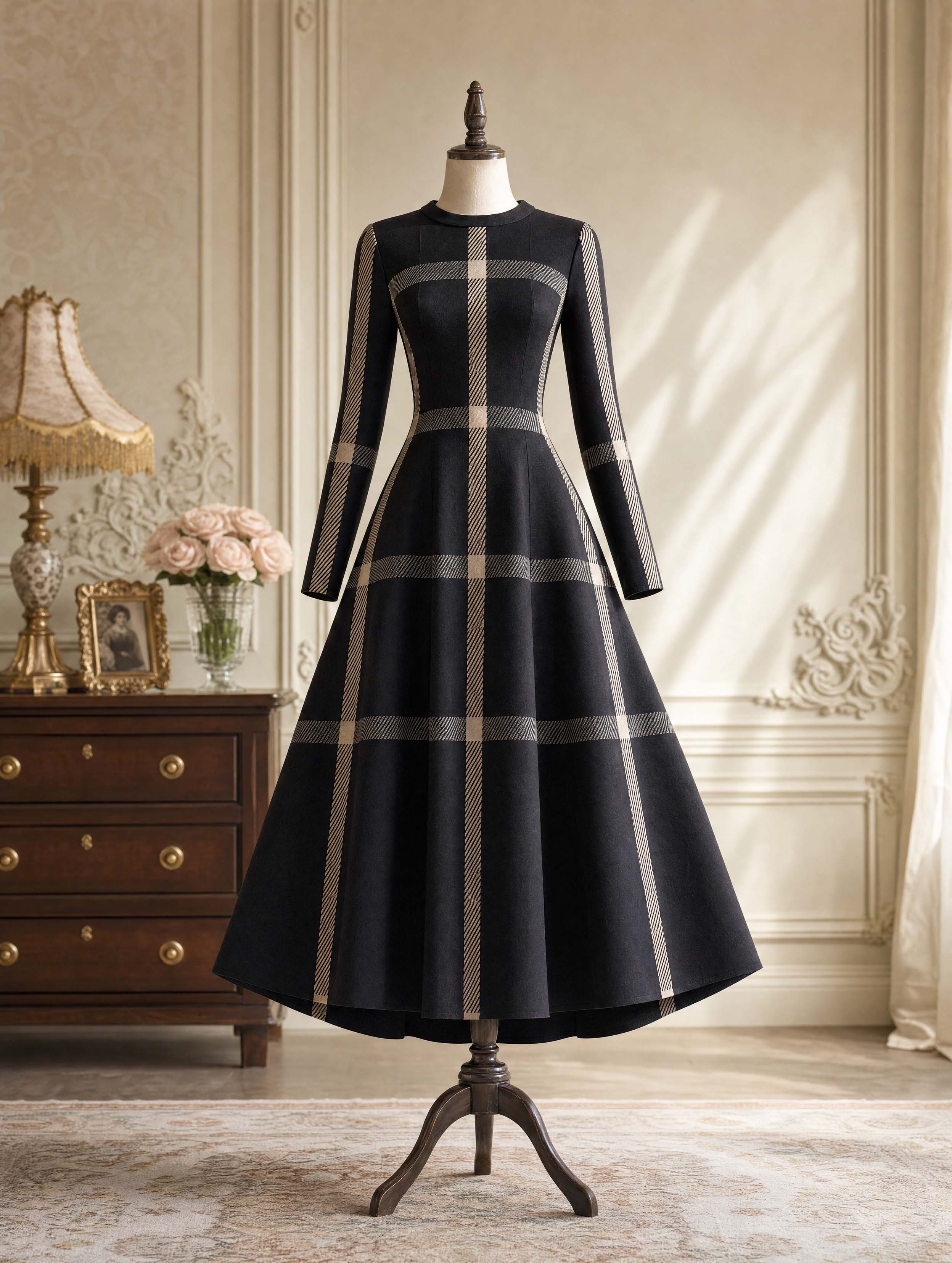 Vintage Plaid Long‑Sleeve Midi Swing Dress