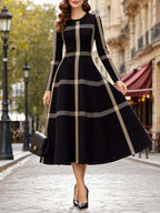 Vintage Plaid Long‑Sleeve Midi Swing Dress