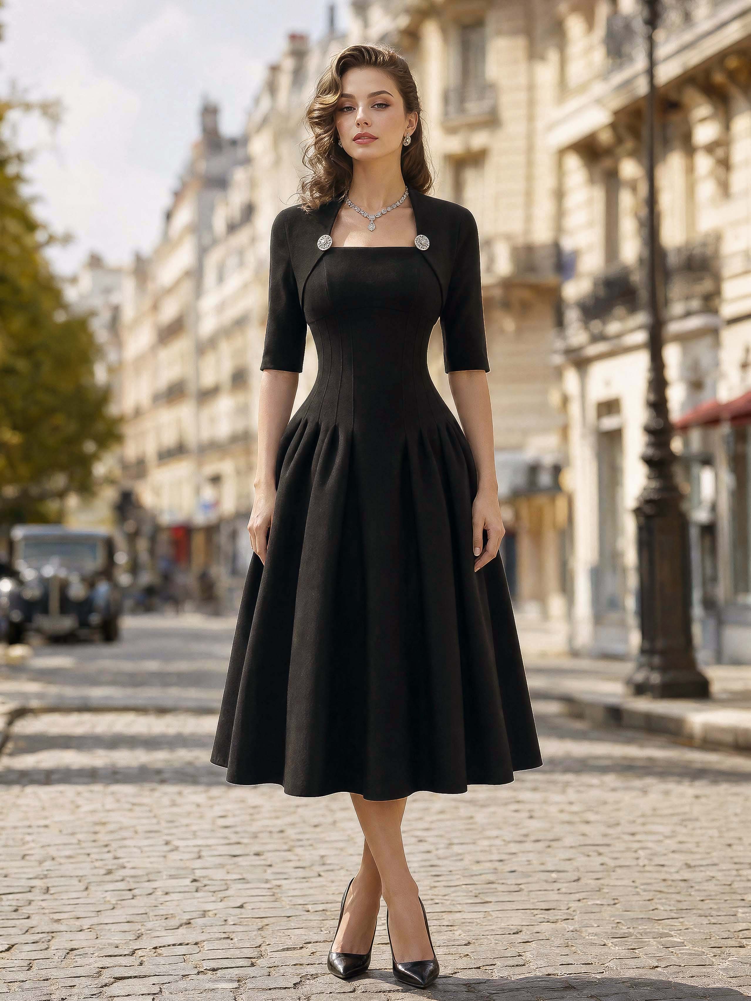 Vintage Mock Two‑Piece Black Midi Dress