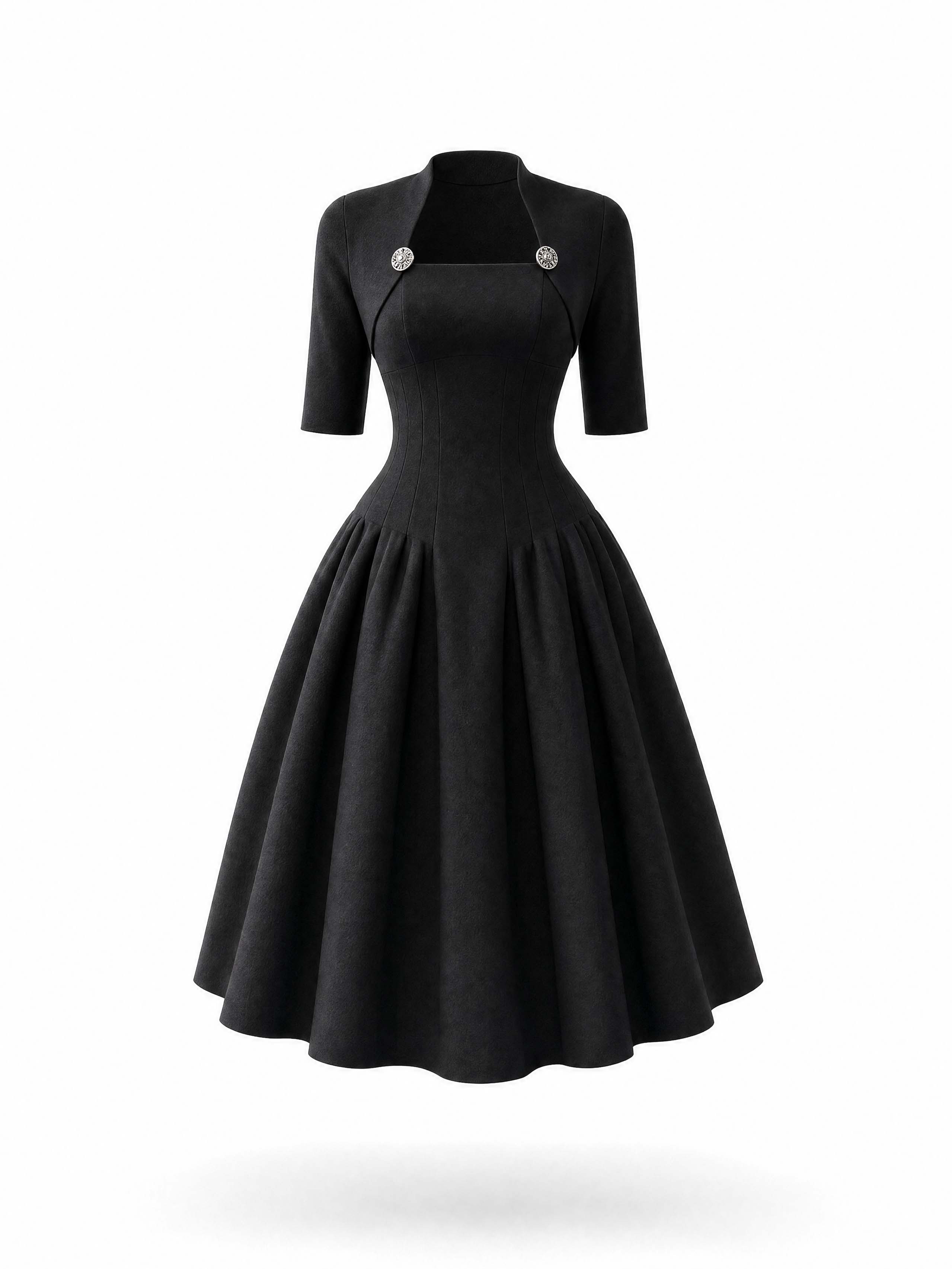 Vintage Mock Two‑Piece Black Midi Dress