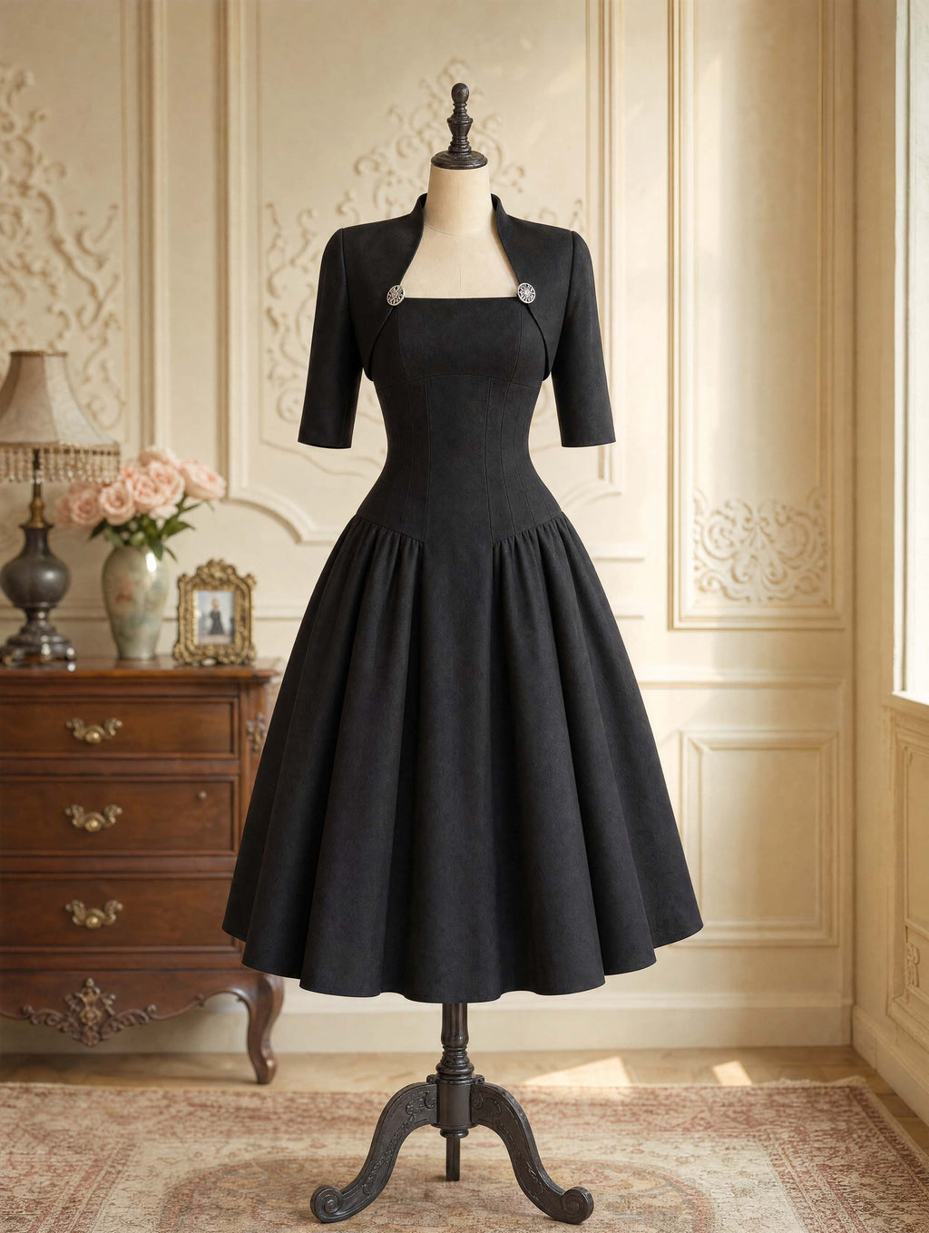 Vintage Mock Two‑Piece Black Midi Dress