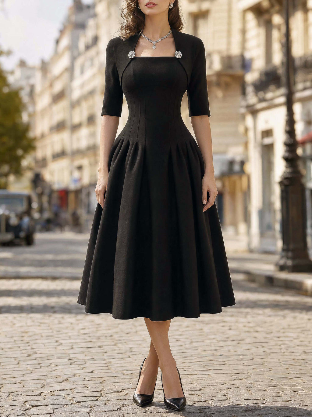 Vintage Mock Two‑Piece Black Midi Dress