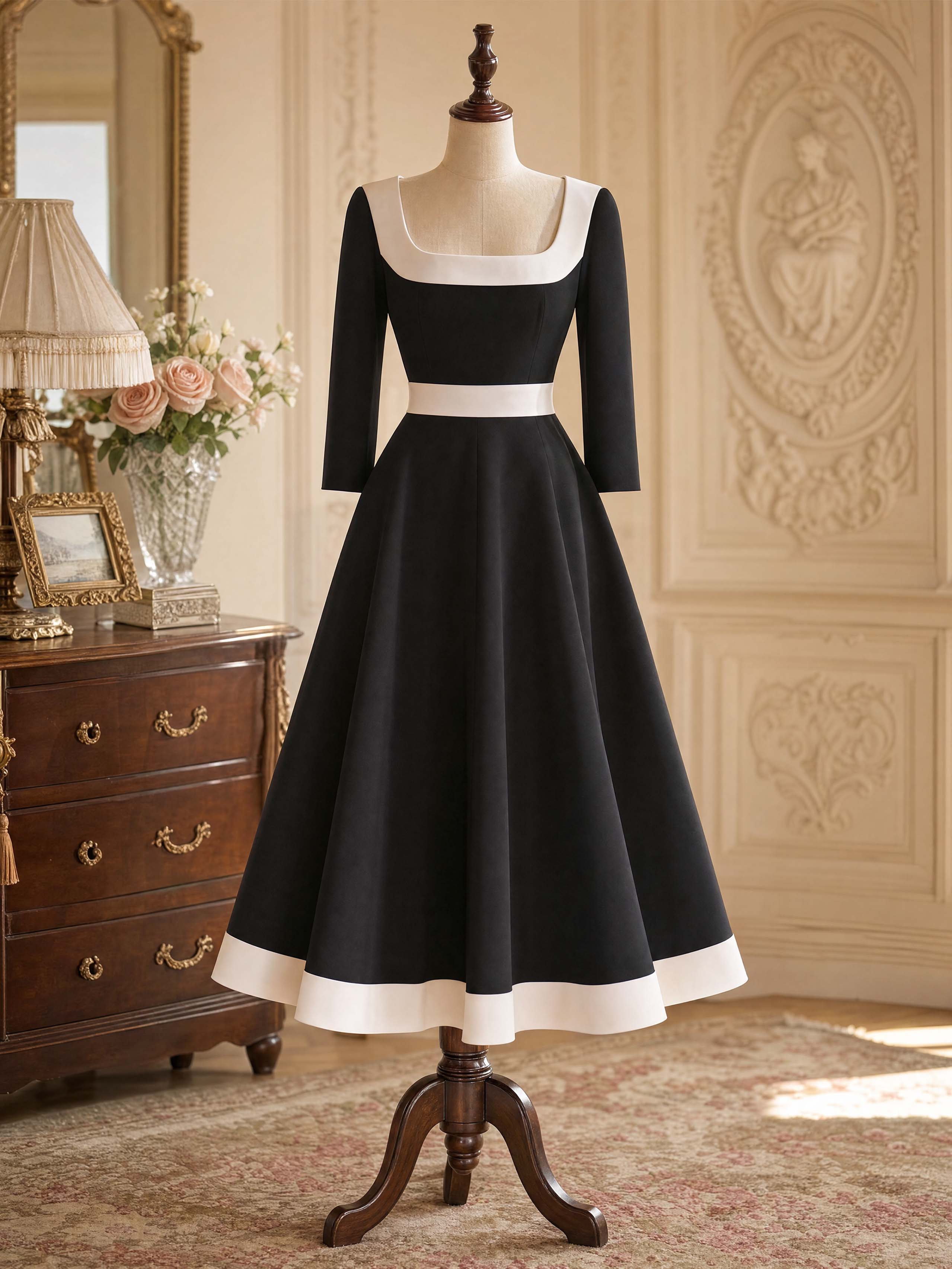Vintage Square Neck Color Block Midi Dress
