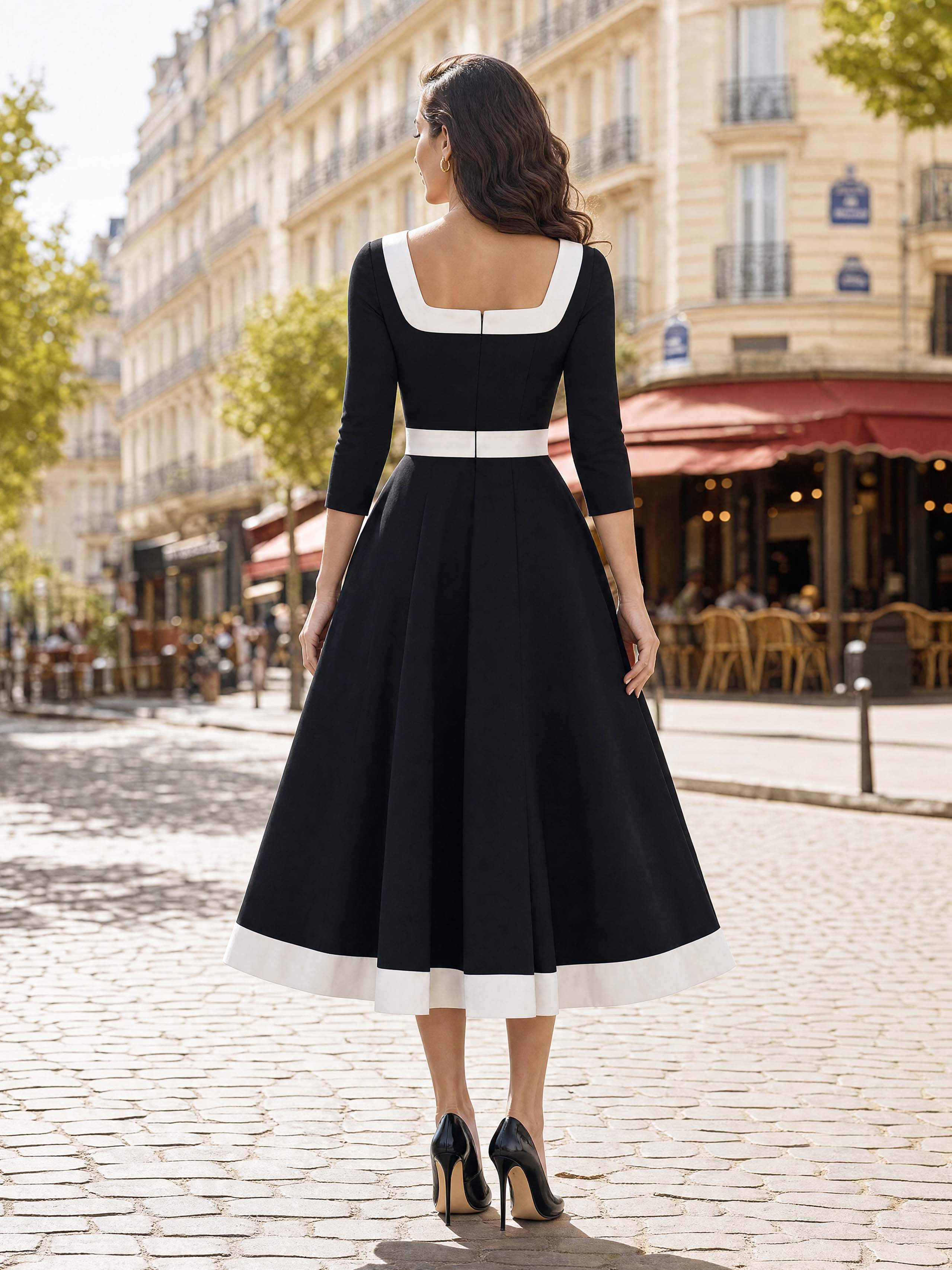 Vintage Square Neck Color Block Midi Dress