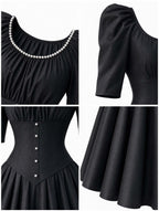 Vintage Pearl Neck Satin Midi Swing Dress