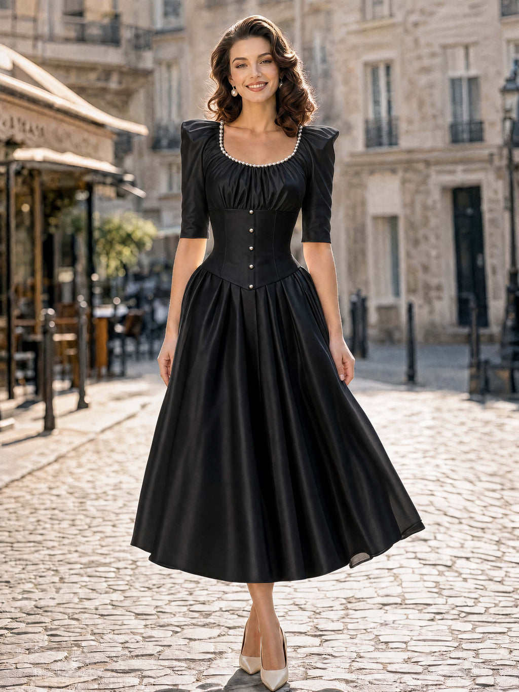 Vintage Pearl Neck Satin Midi Swing Dress