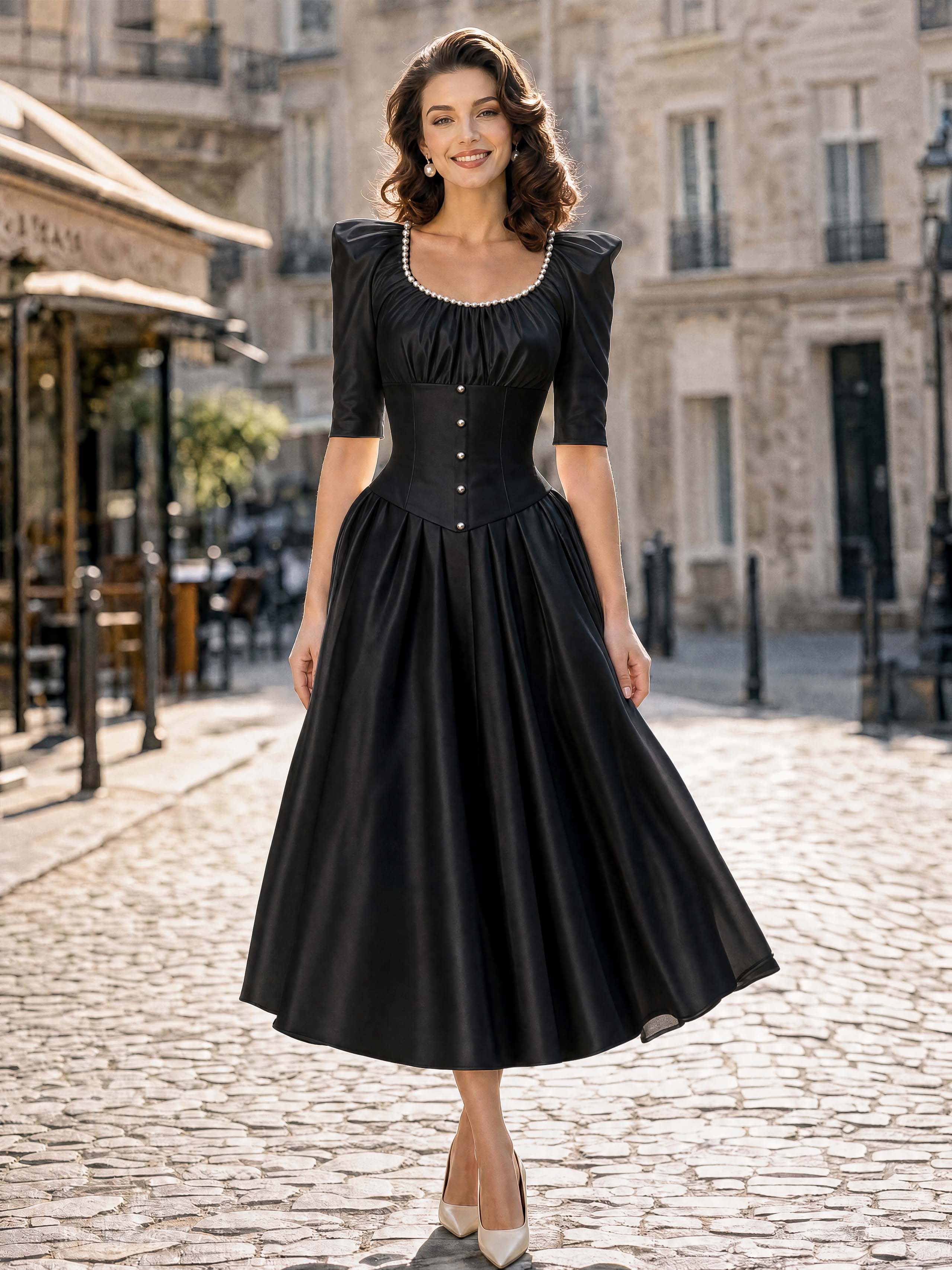 Vintage Pearl Neck Satin Midi Swing Dress