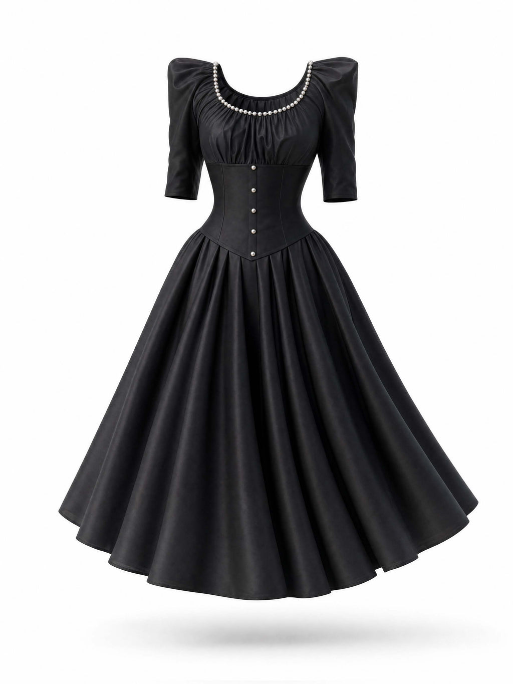 Vintage Pearl Neck Satin Midi Swing Dress