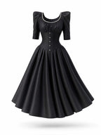 Vintage Pearl Neck Satin Midi Swing Dress