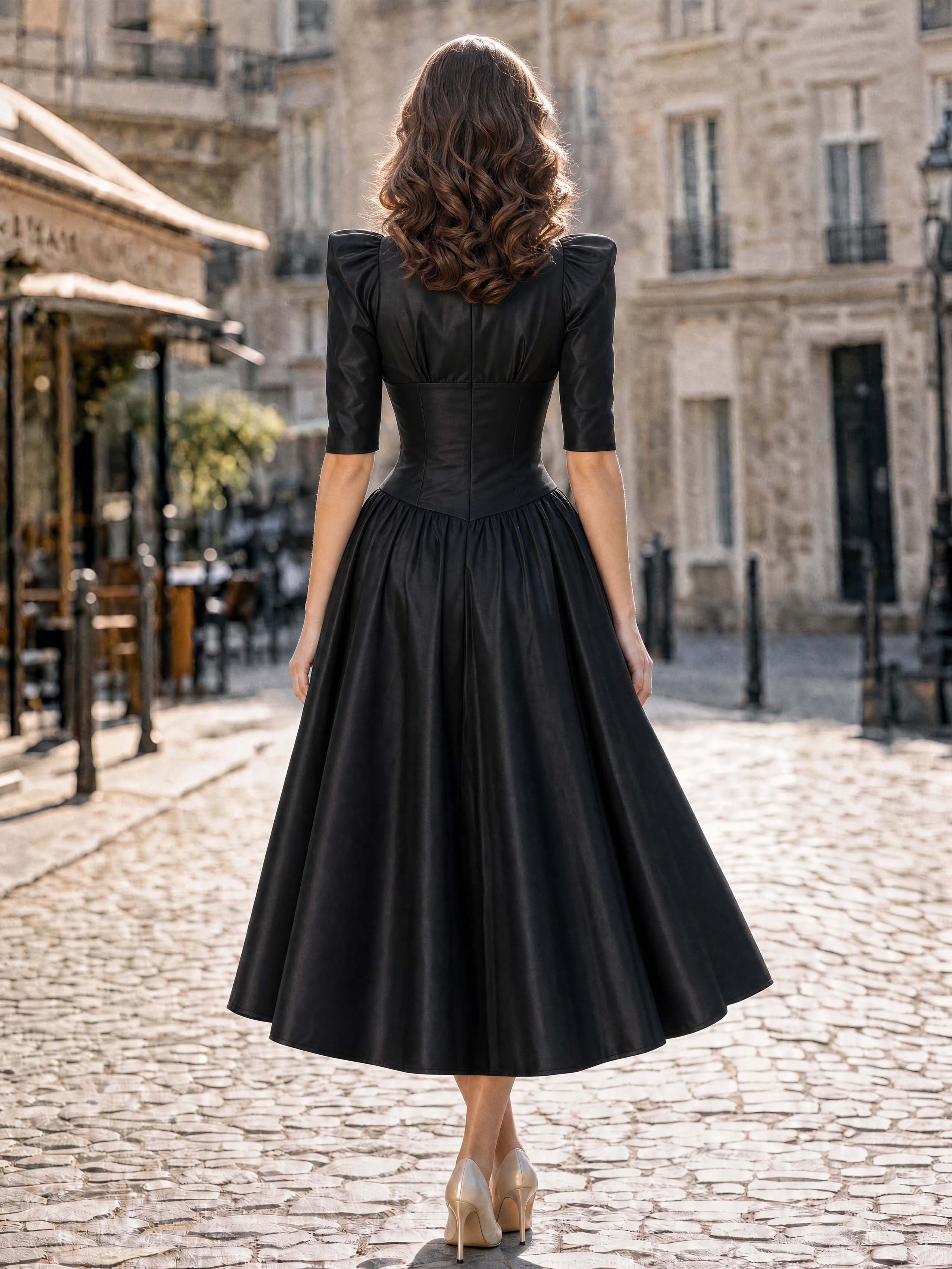 Vintage Pearl Neck Satin Midi Swing Dress