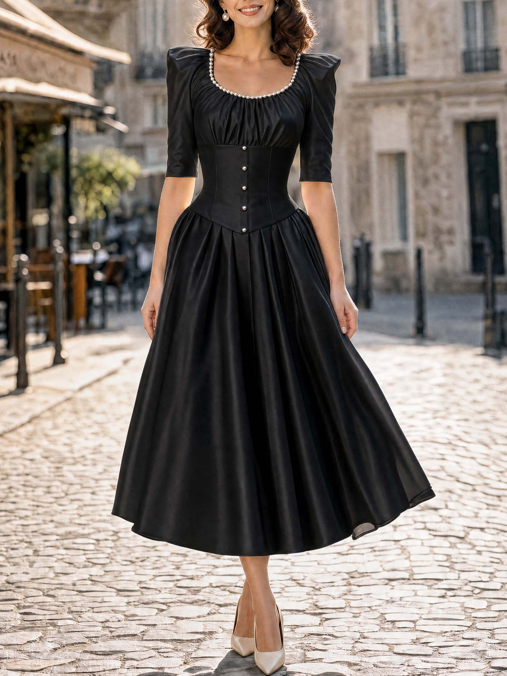 Vintage Pearl Neck Satin Midi Swing Dress