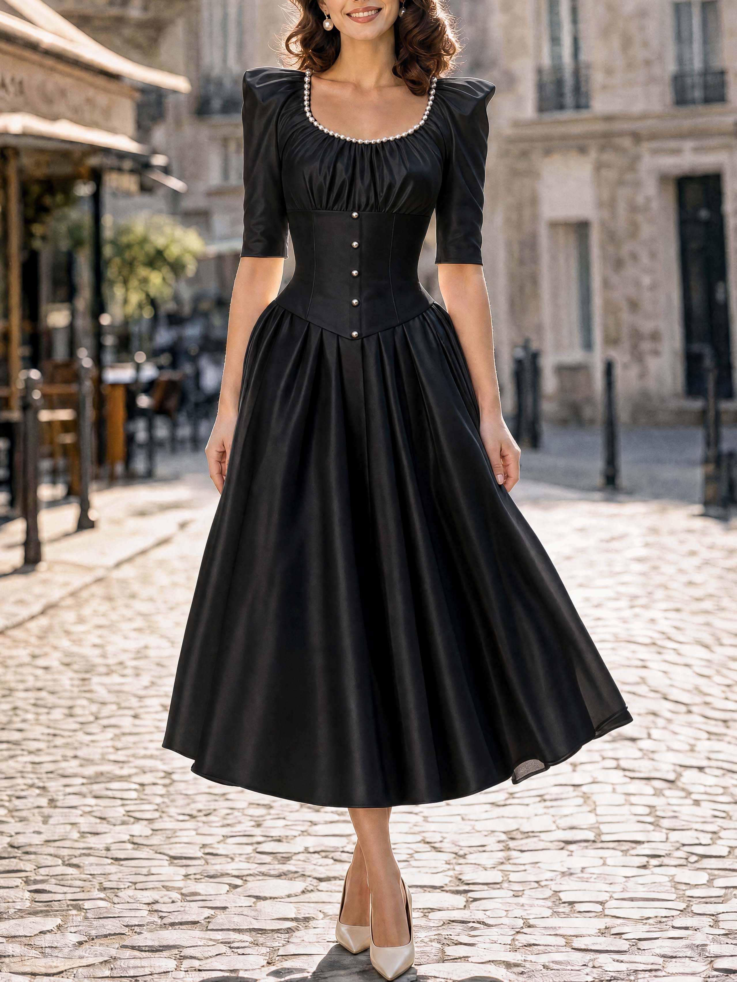 Vintage Pearl Neck Satin Midi Swing Dress