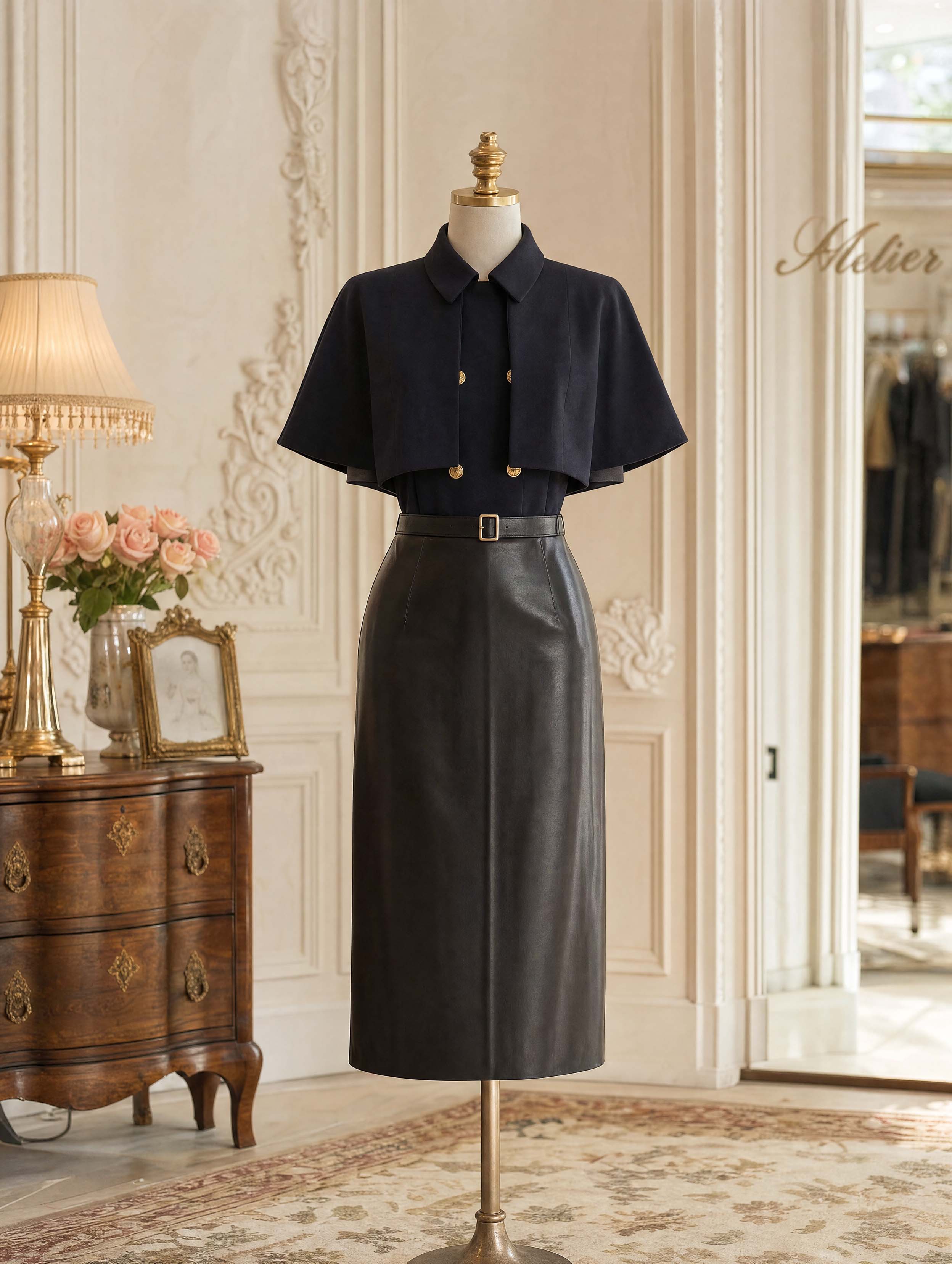Belted Faux Leather Bodycon Midi Skirt