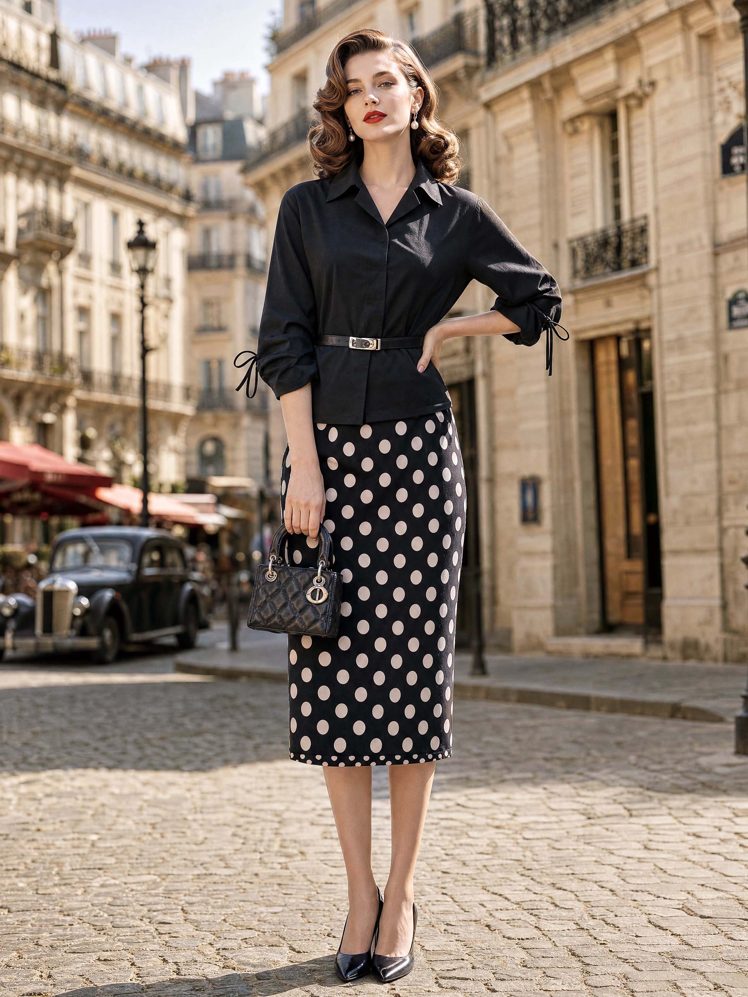 Vintage Polka Dot Midi Pencil Skirt