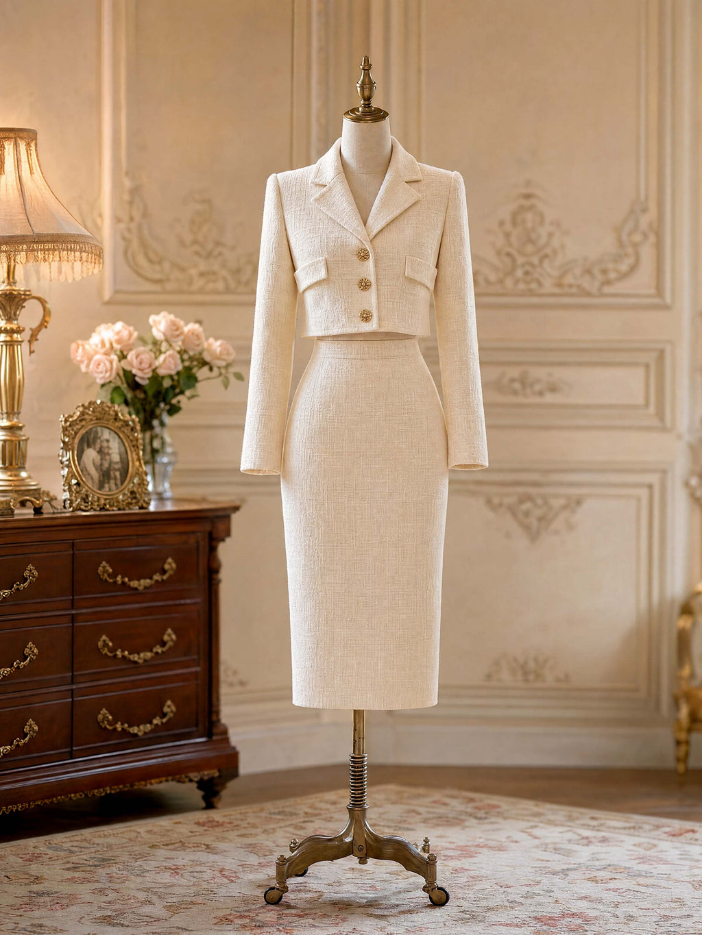 Vintage Cropped Blazer And Midi Pencil Skirt Two Piece Set