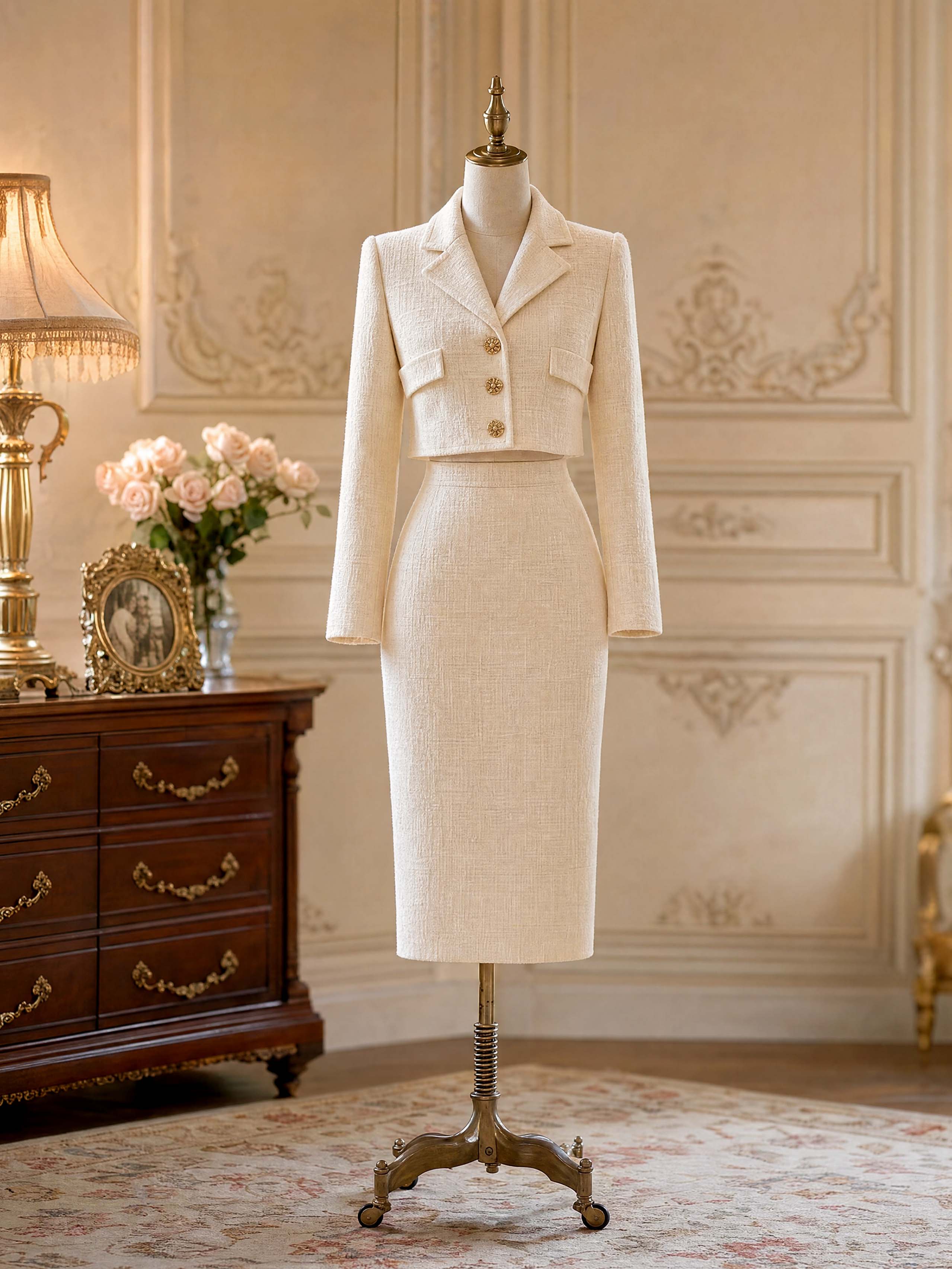 Vintage Cropped Blazer And Midi Pencil Skirt Two Piece Set