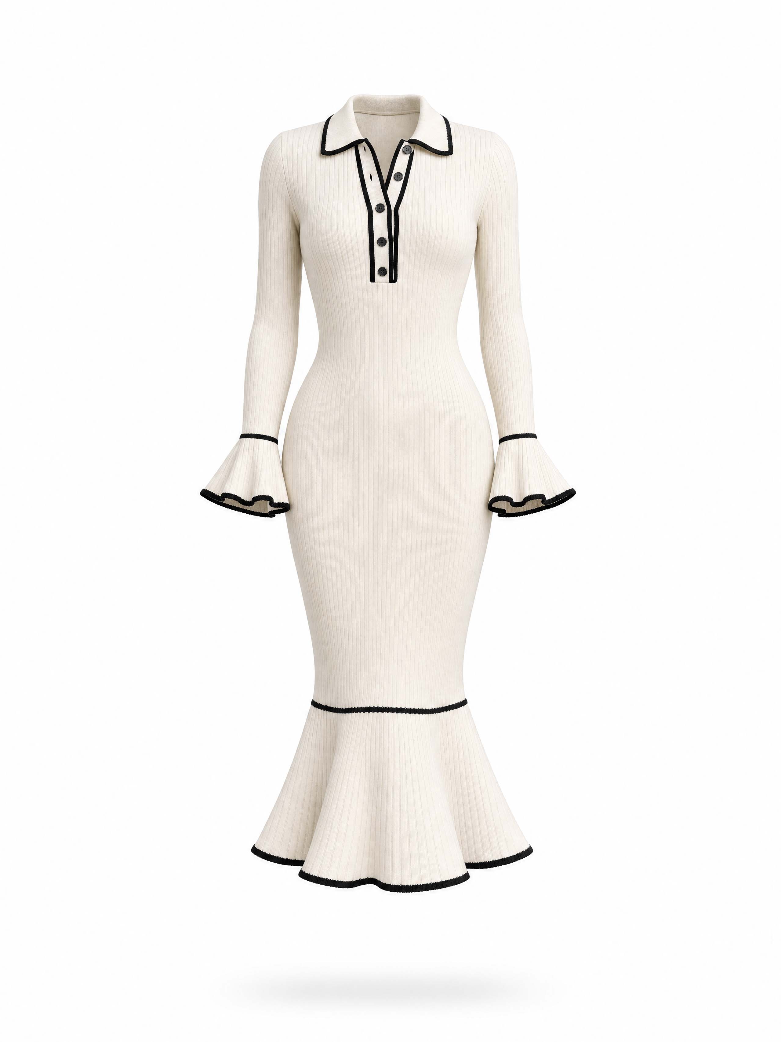 Vintage Contrast Trim Flare Sleeve Midi Knit Dress