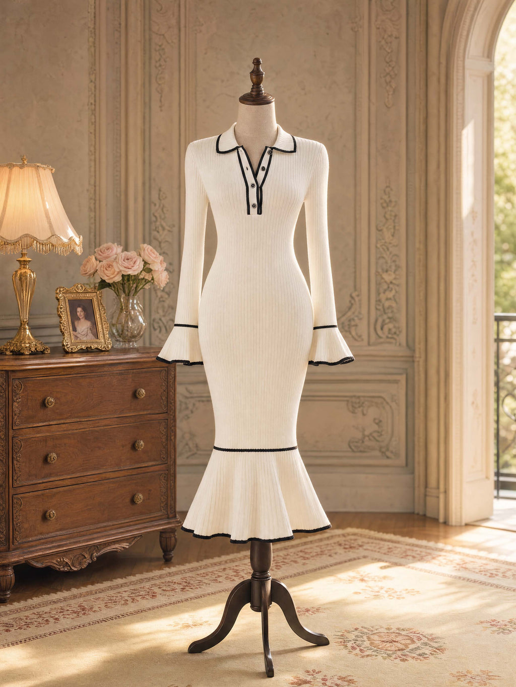 Vintage Contrast Trim Flare Sleeve Midi Knit Dress