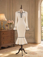 Vintage Contrast Trim Flare Sleeve Midi Knit Dress