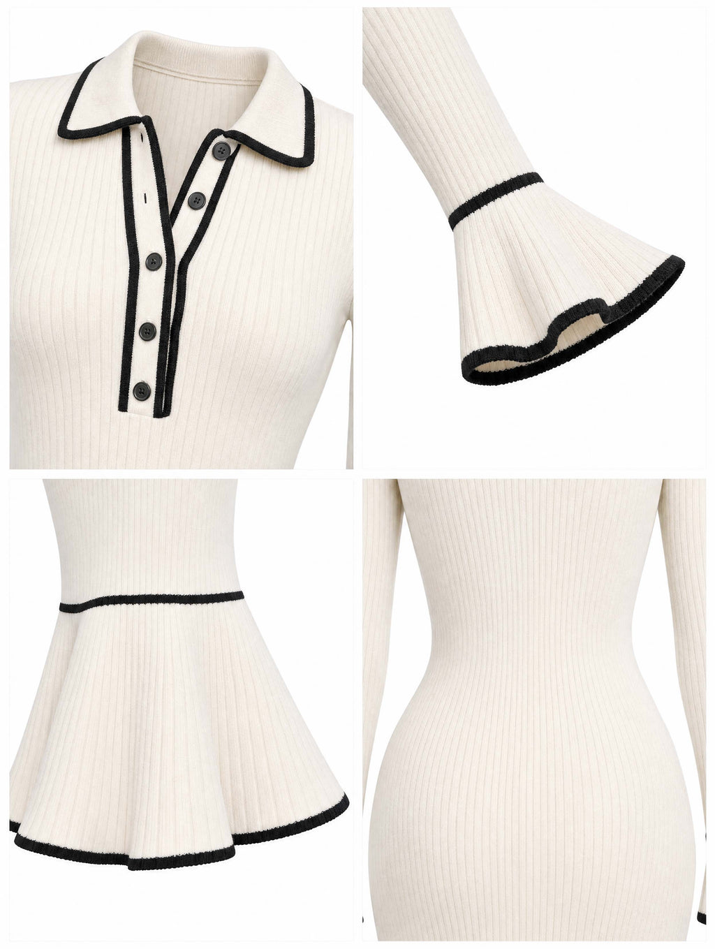 Vintage Contrast Trim Flare Sleeve Midi Knit Dress