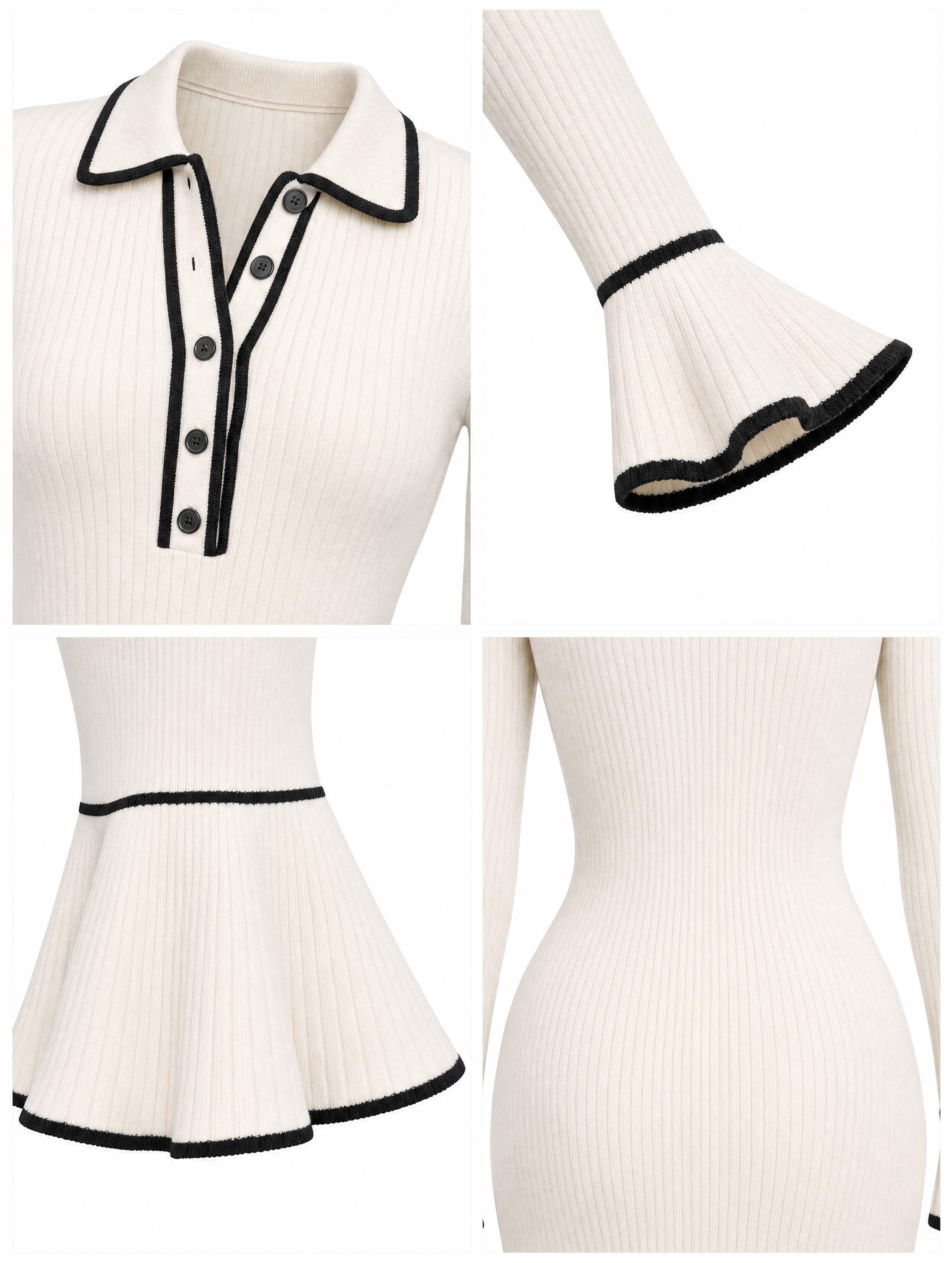 Vintage Contrast Trim Flare Sleeve Midi Knit Dress
