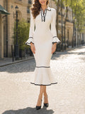 Vintage Contrast Trim Flare Sleeve Midi Knit Dress