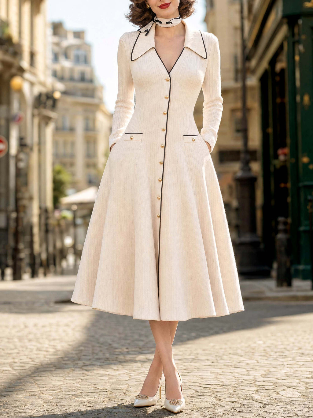 Vintage Collared Button‑Front Midi Knit Dress