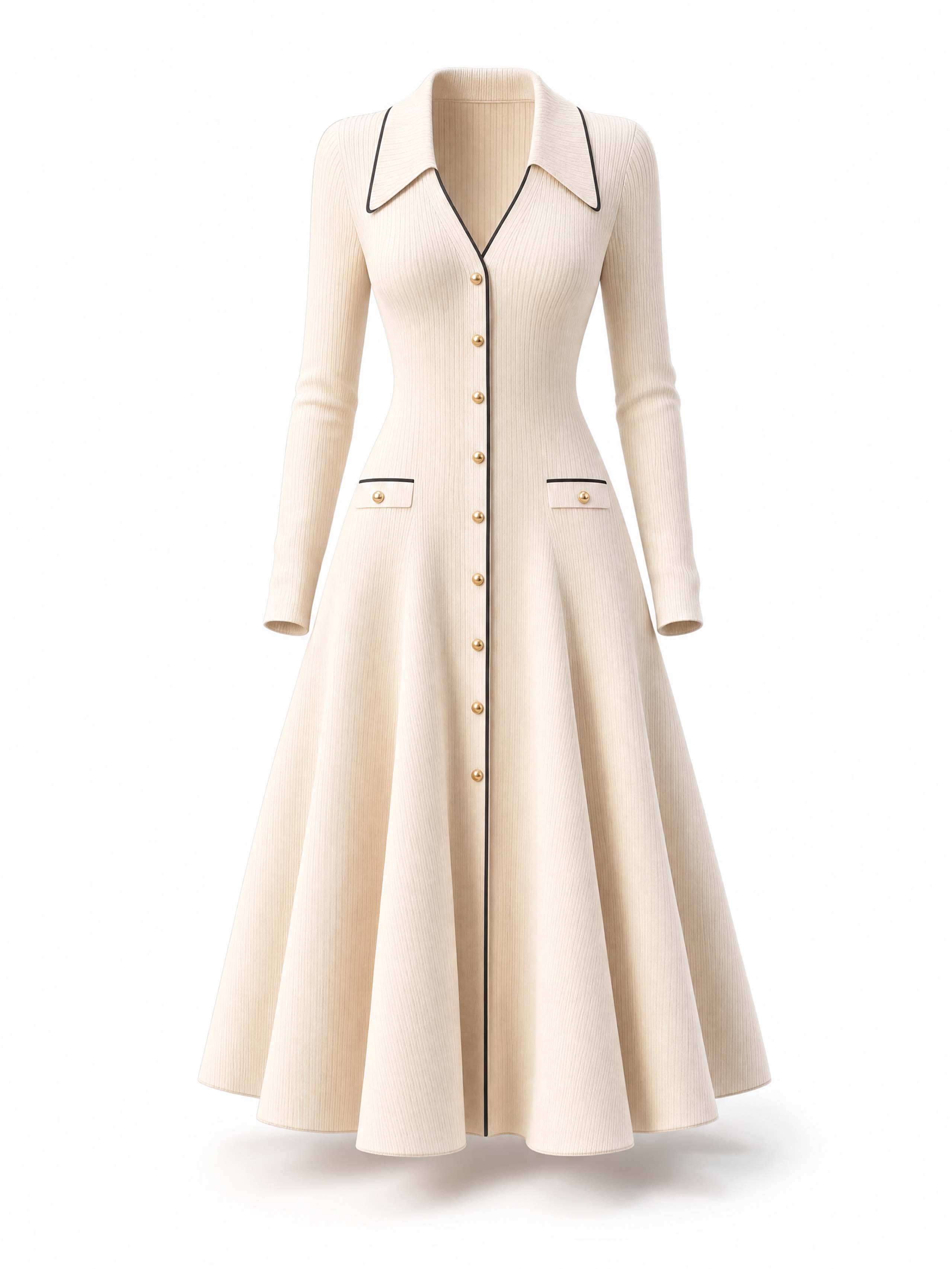 Vintage Collared Button‑Front Midi Knit Dress