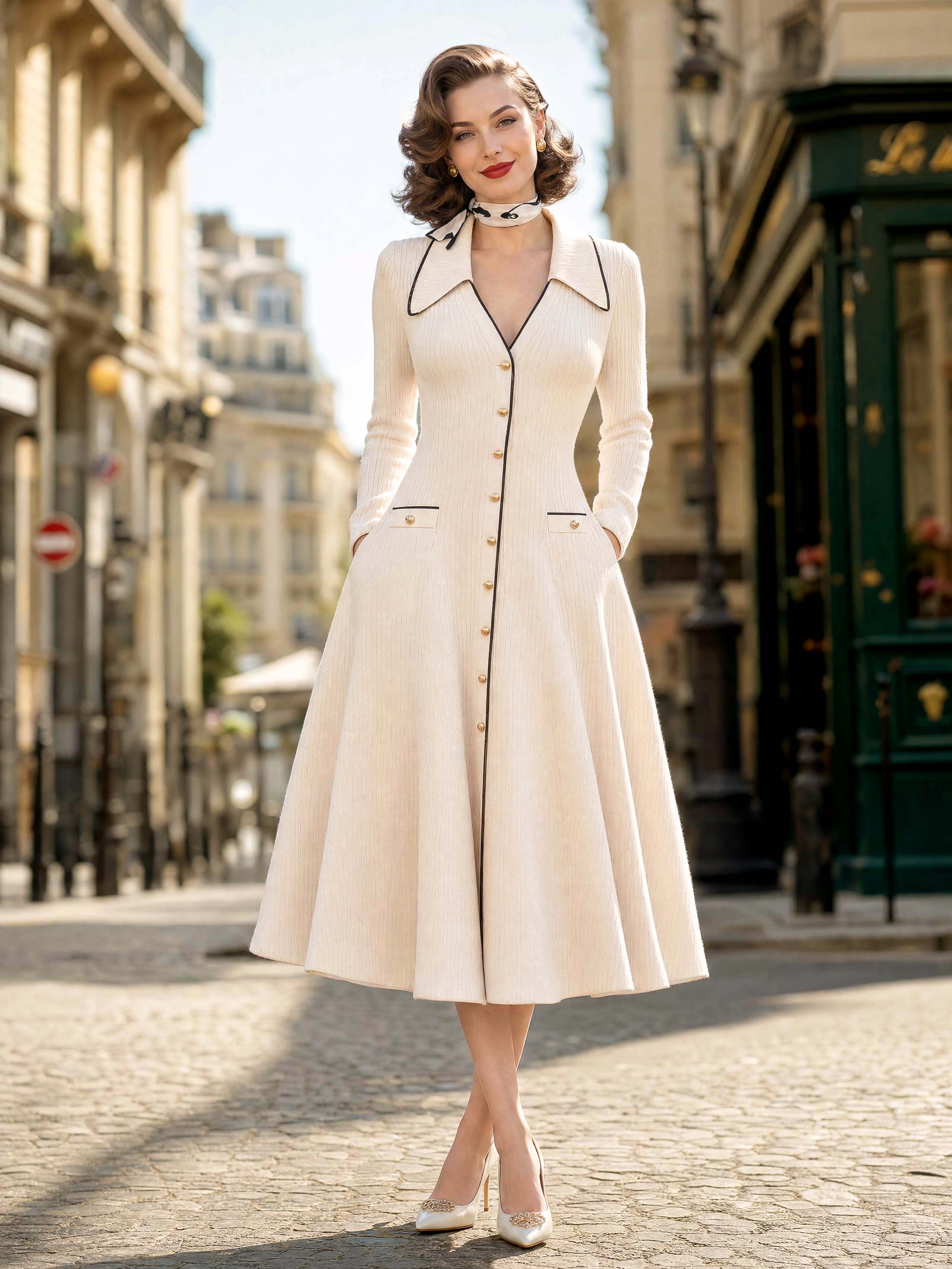 Vintage Collared Button‑Front Midi Knit Dress