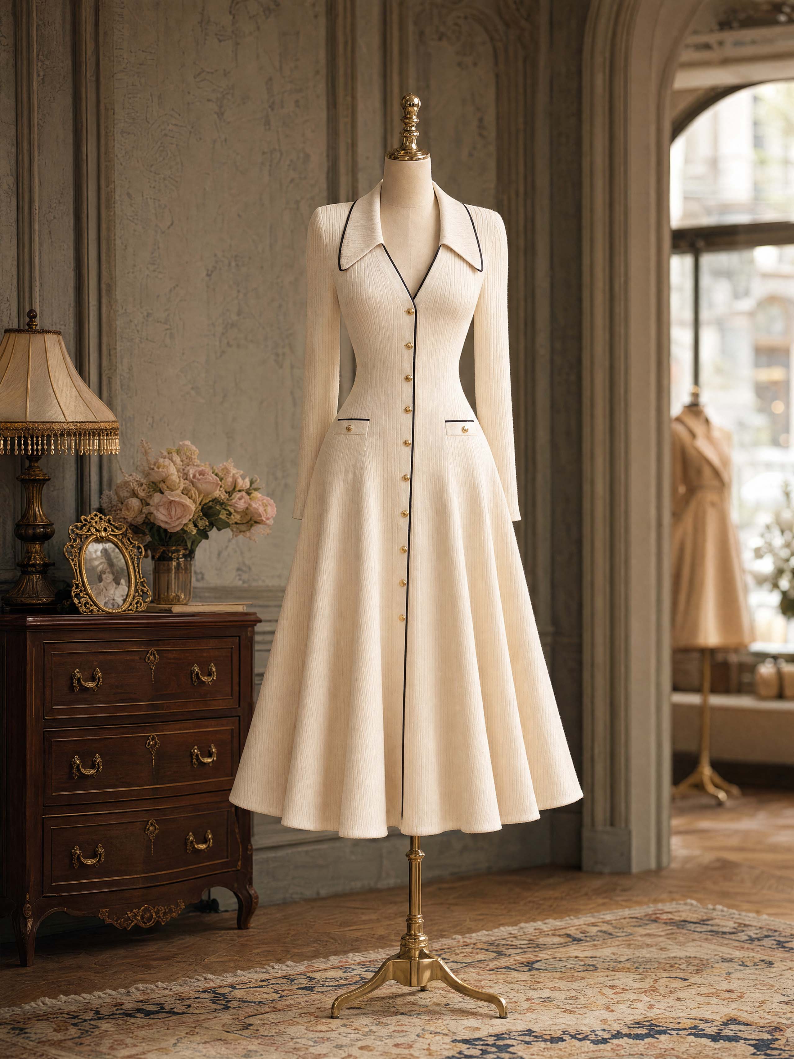 Vintage Collared Button‑Front Midi Knit Dress