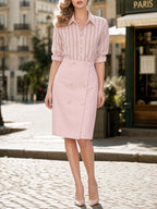 Vintage Pink Stripe Shirt & Pencil Skirt Two‑Piece Outfit