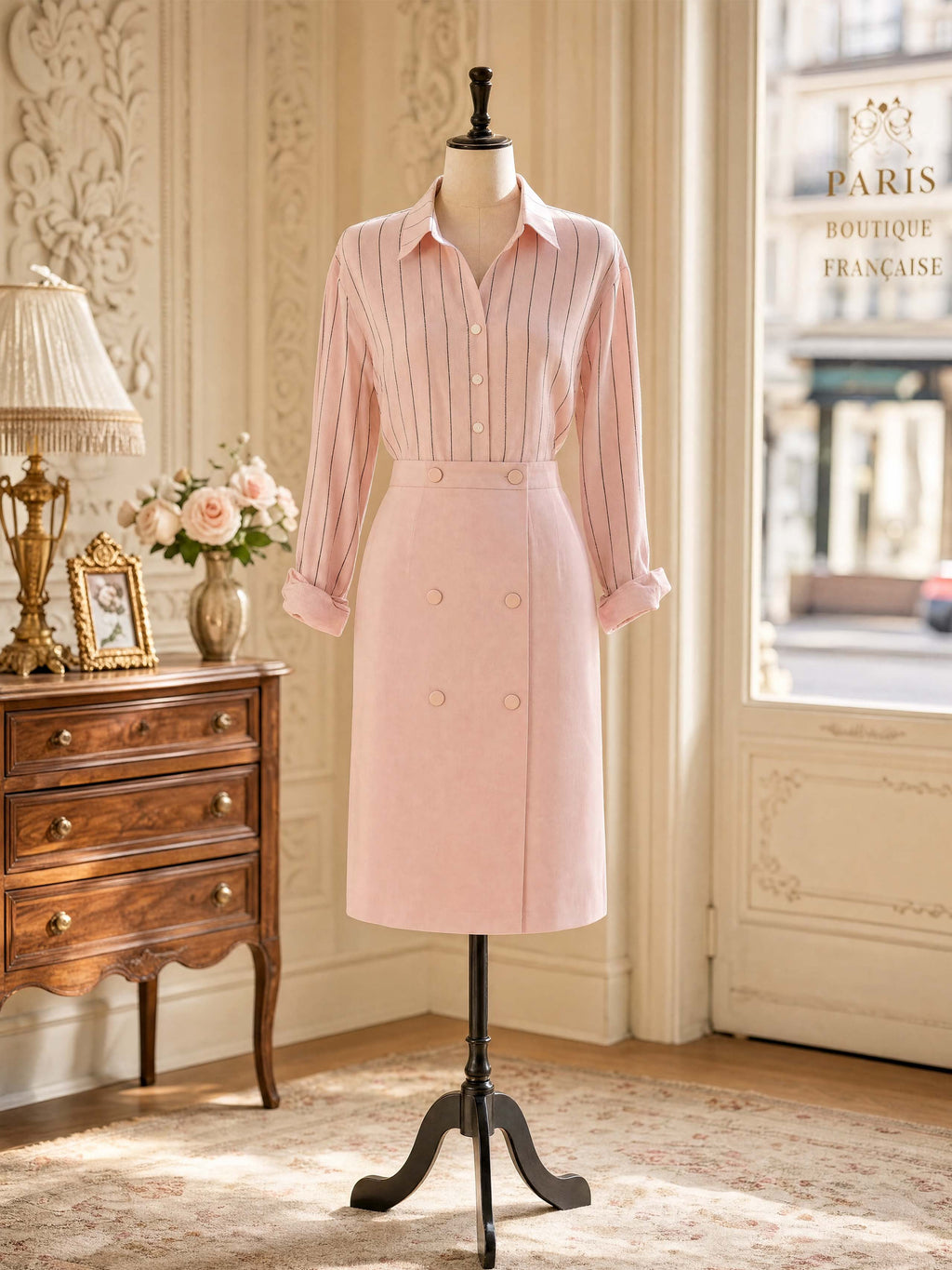 Vintage Pink Stripe Shirt & Pencil Skirt Two‑Piece Outfit