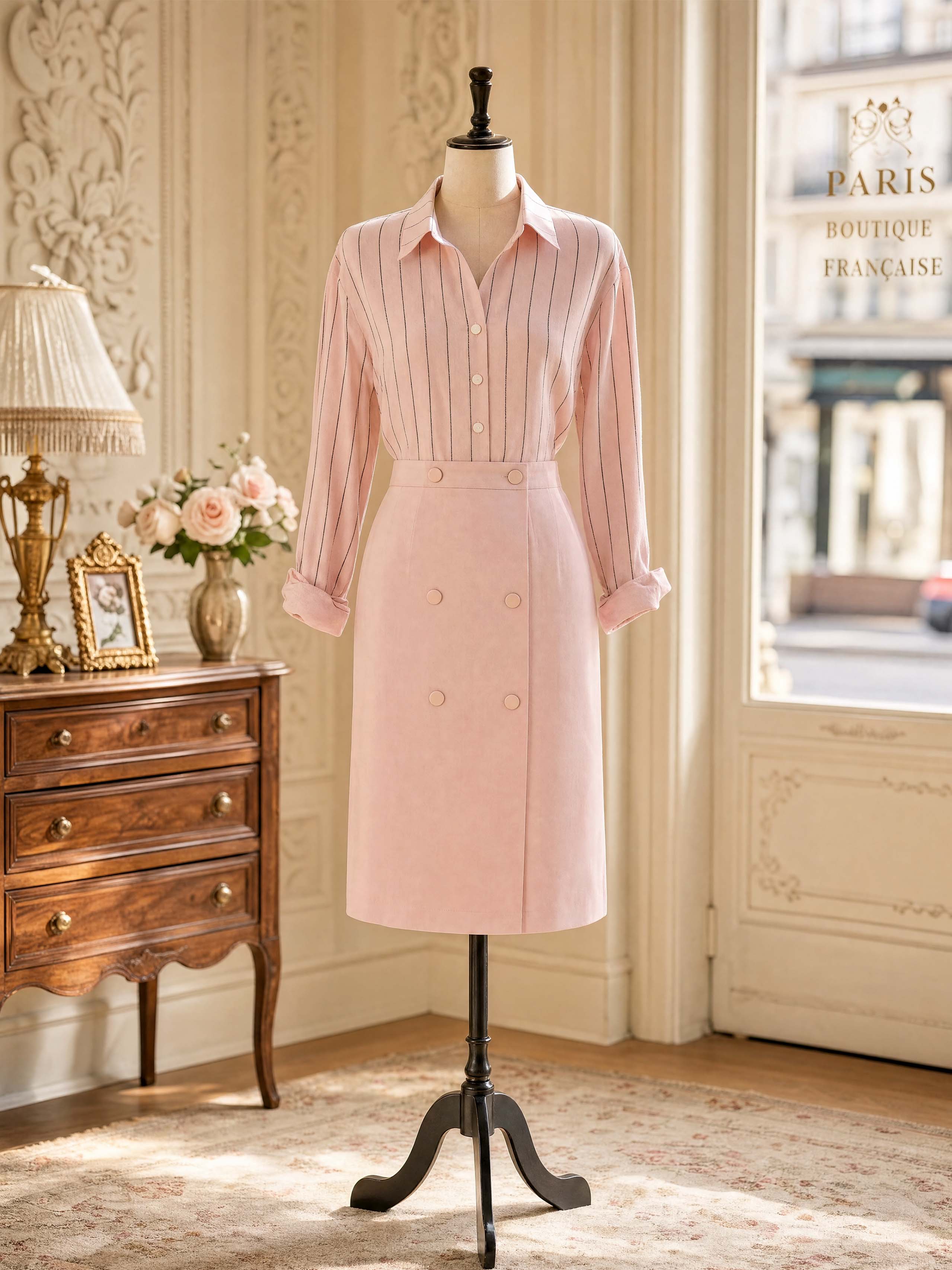 Vintage Pink Stripe Shirt & Pencil Skirt Two‑Piece Outfit