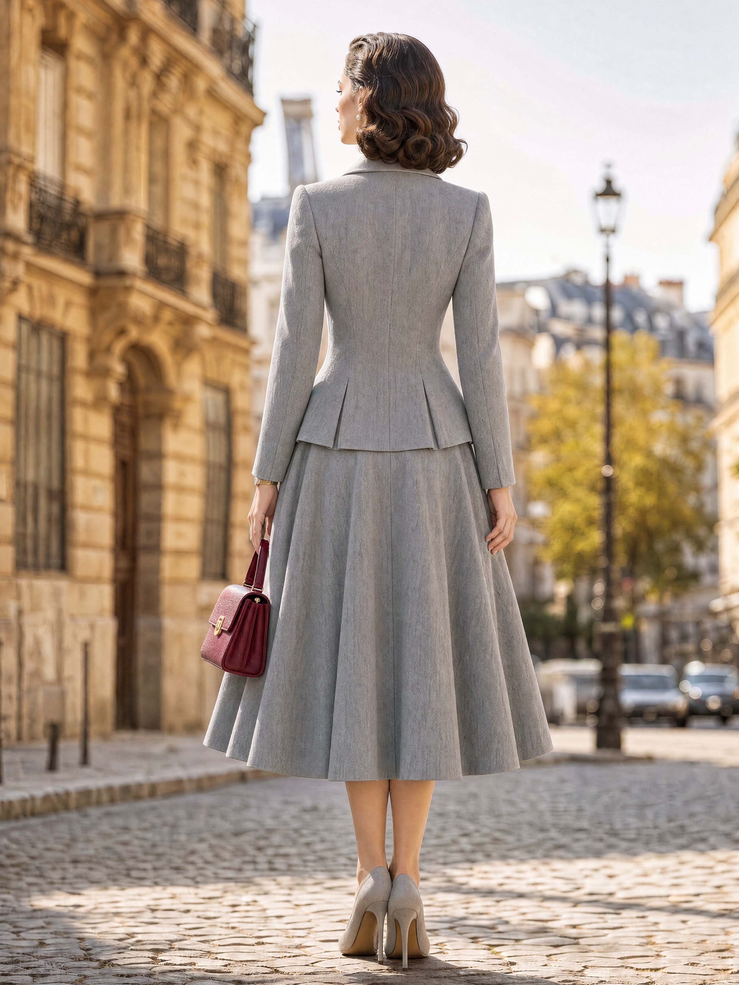 Vintage Grey Blazer & Midi Swing Skirt Two‑Piece Set
