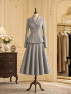 Vintage Grey Blazer & Midi Swing Skirt Two‑Piece Set