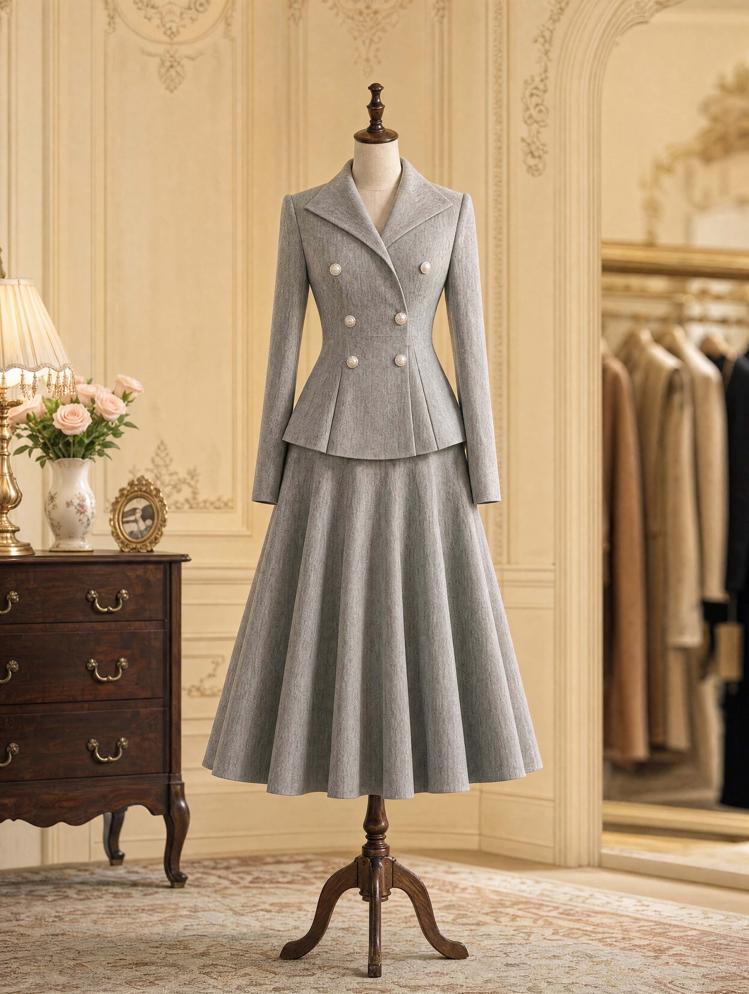 Vintage Grey Blazer & Midi Swing Skirt Two‑Piece Set