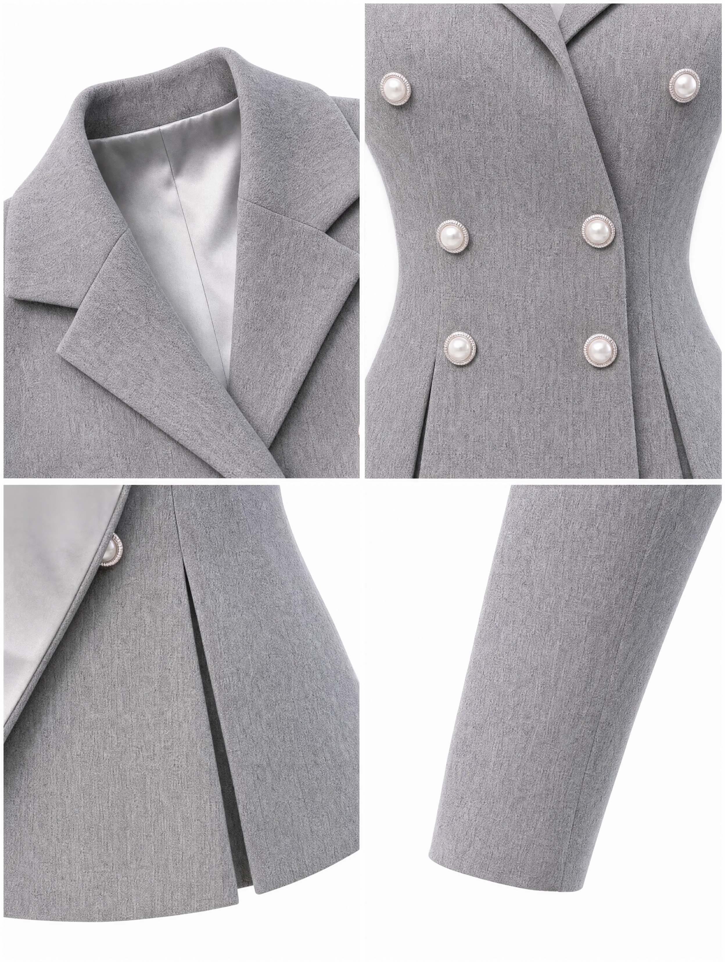 Vintage Grey Blazer & Midi Swing Skirt Two‑Piece Set
