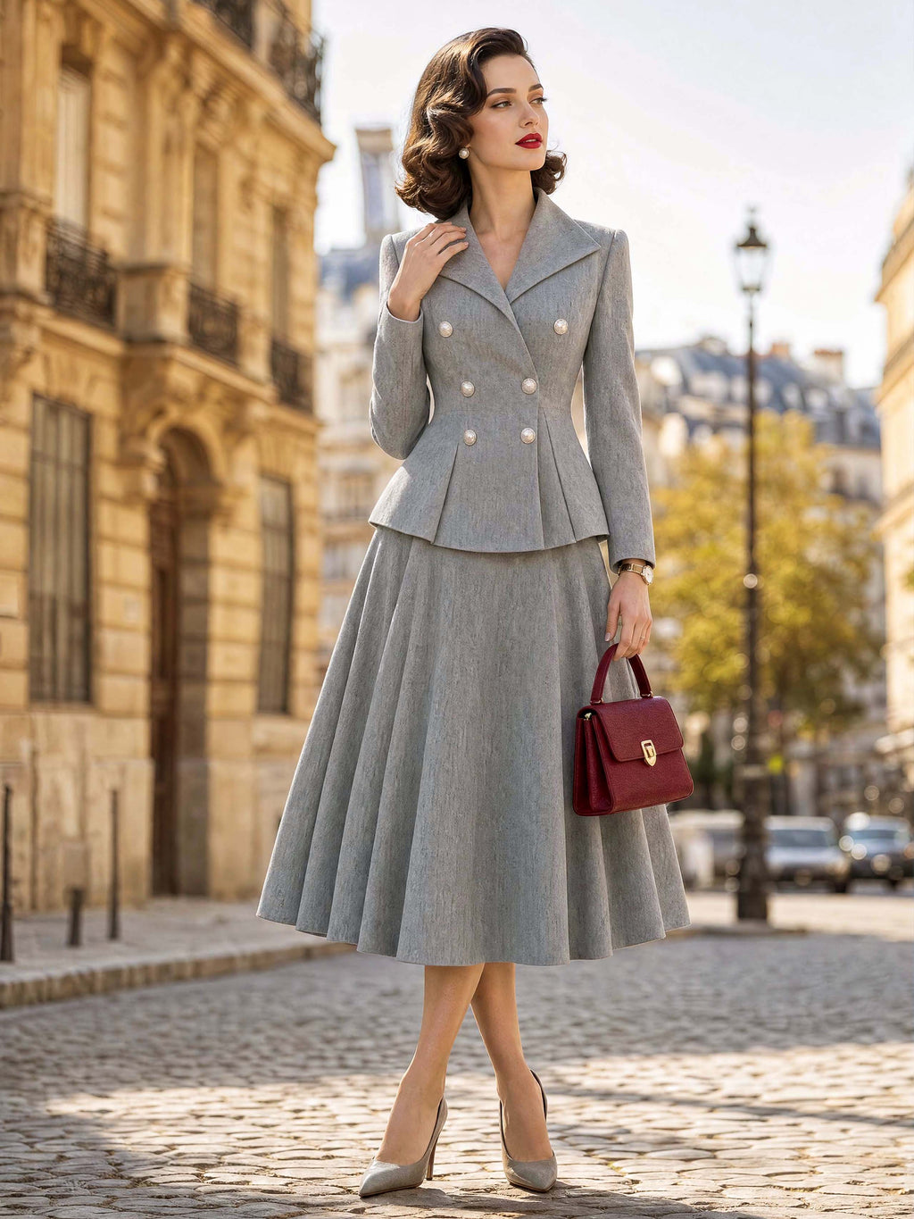Vintage Grey Blazer & Midi Swing Skirt Two‑Piece Set